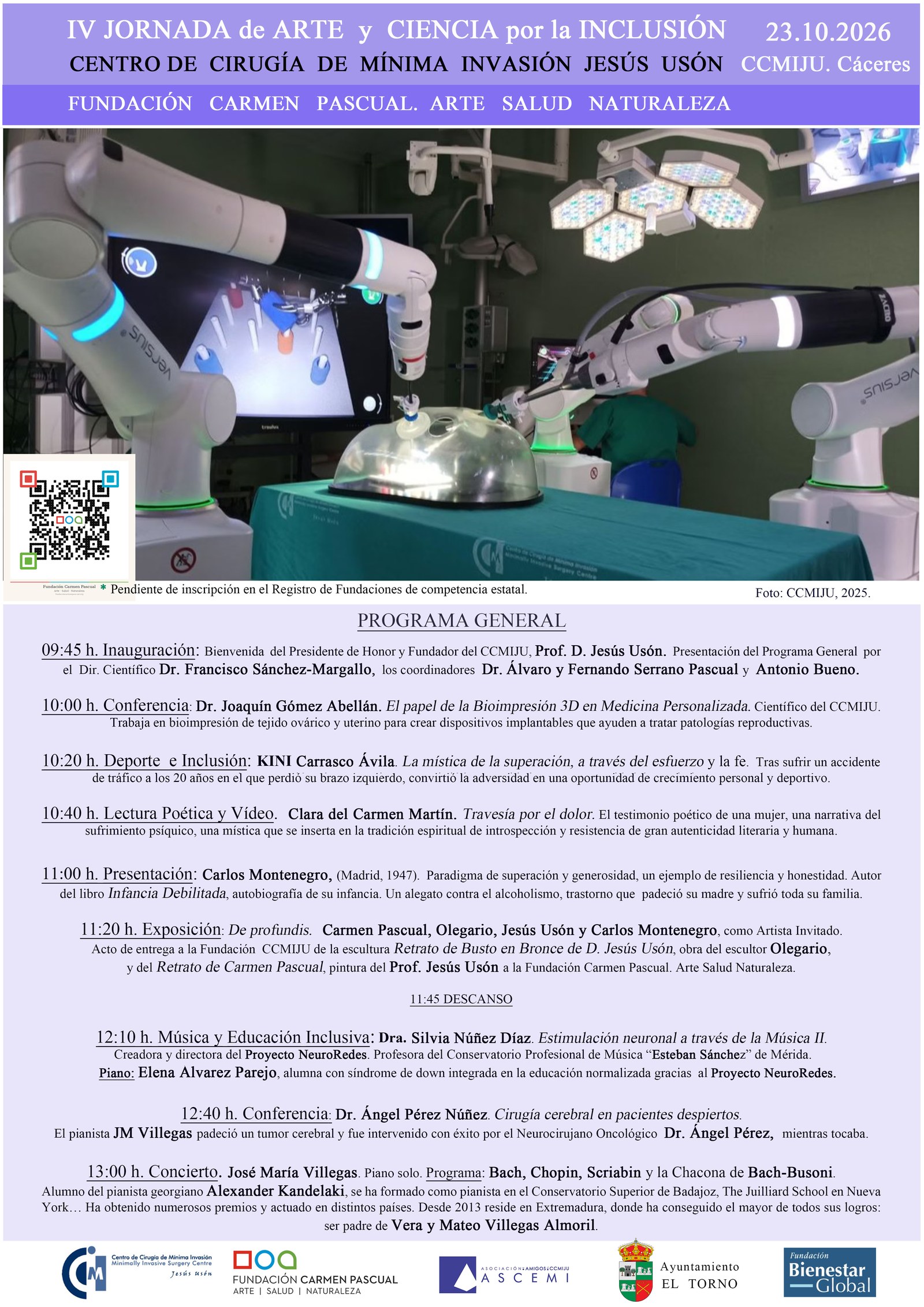 Cartel general de la IV Jornada de Arte y Ciencia por la INCLUSIÓN, con el programa completo del 23 de octubre de 2026 en el CCMIJU de Cáceres