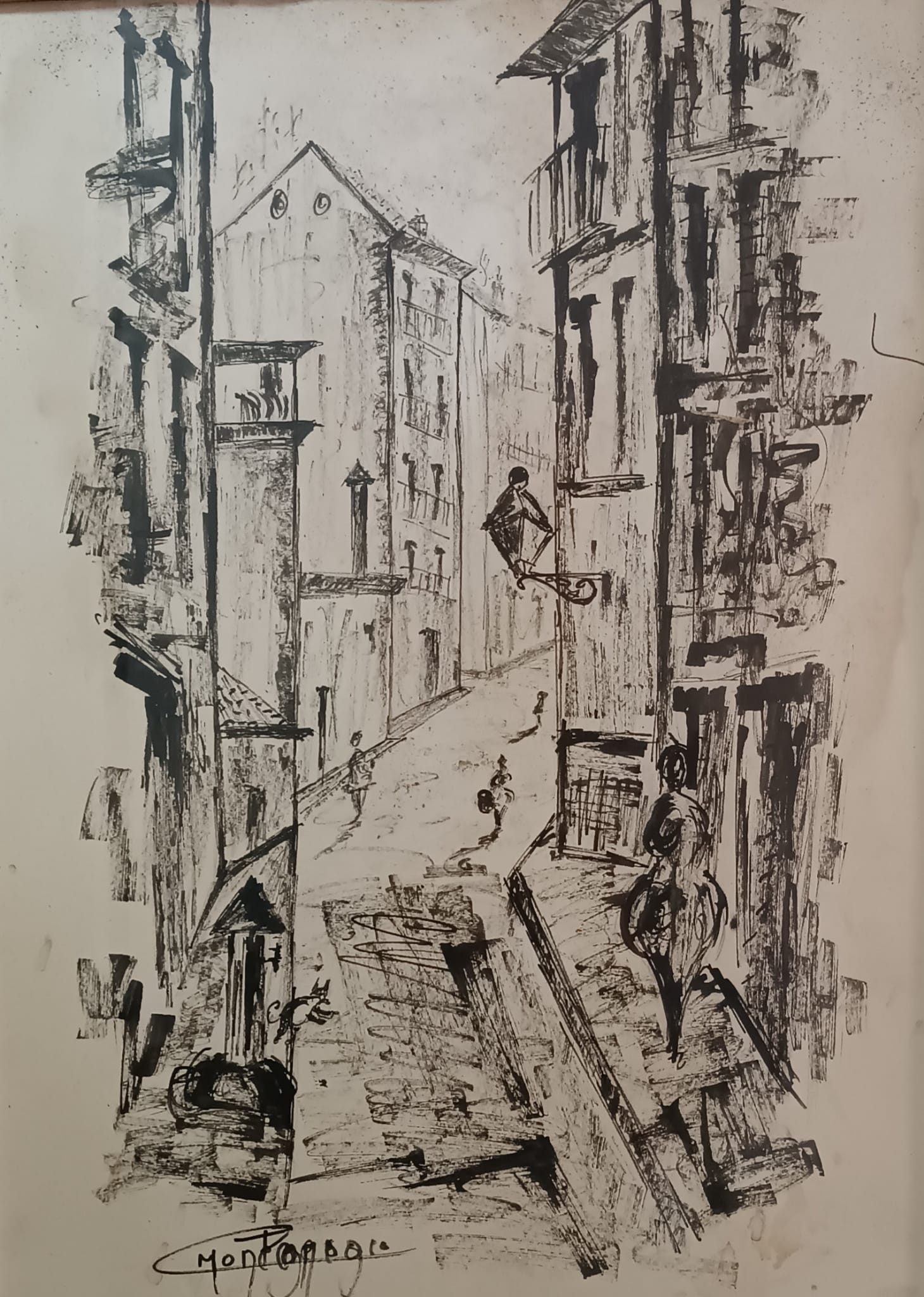 Antigua calle del Tesoro, 1962, dibujo a tinta de Carlos Montenegro: una calle en cuesta entre casas con balcones