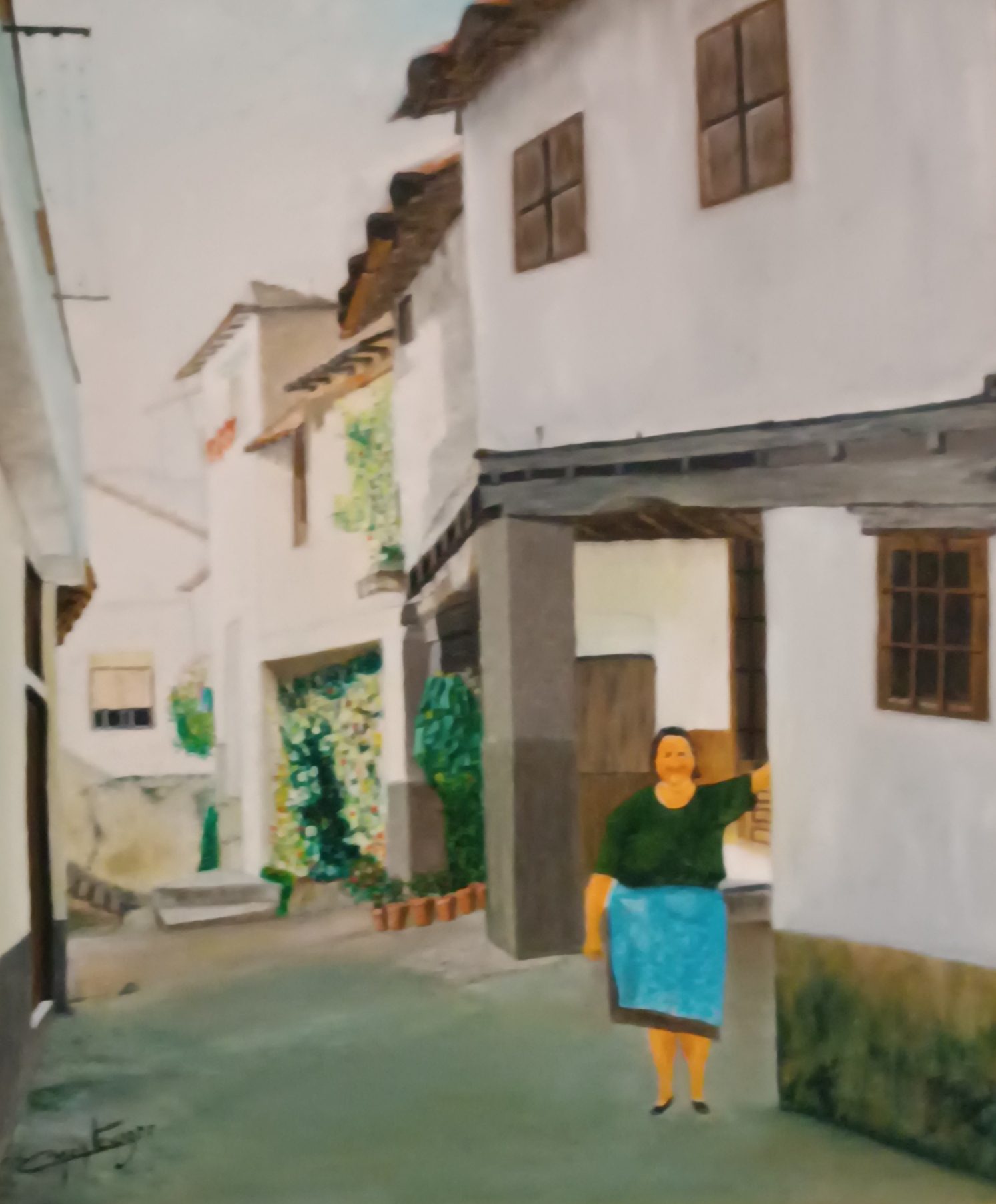 Casa de los Antolines con Isidora, 1995, pintura de Carlos Montenegro: una mujer en el soportal de una calle de casas encaladas