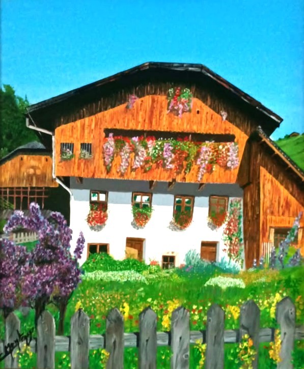 Casa Rural de Montaña, 1995, pintura de Carlos Montenegro: casa alpina de madera con los balcones llenos de flores y un lilo junto a la empalizada