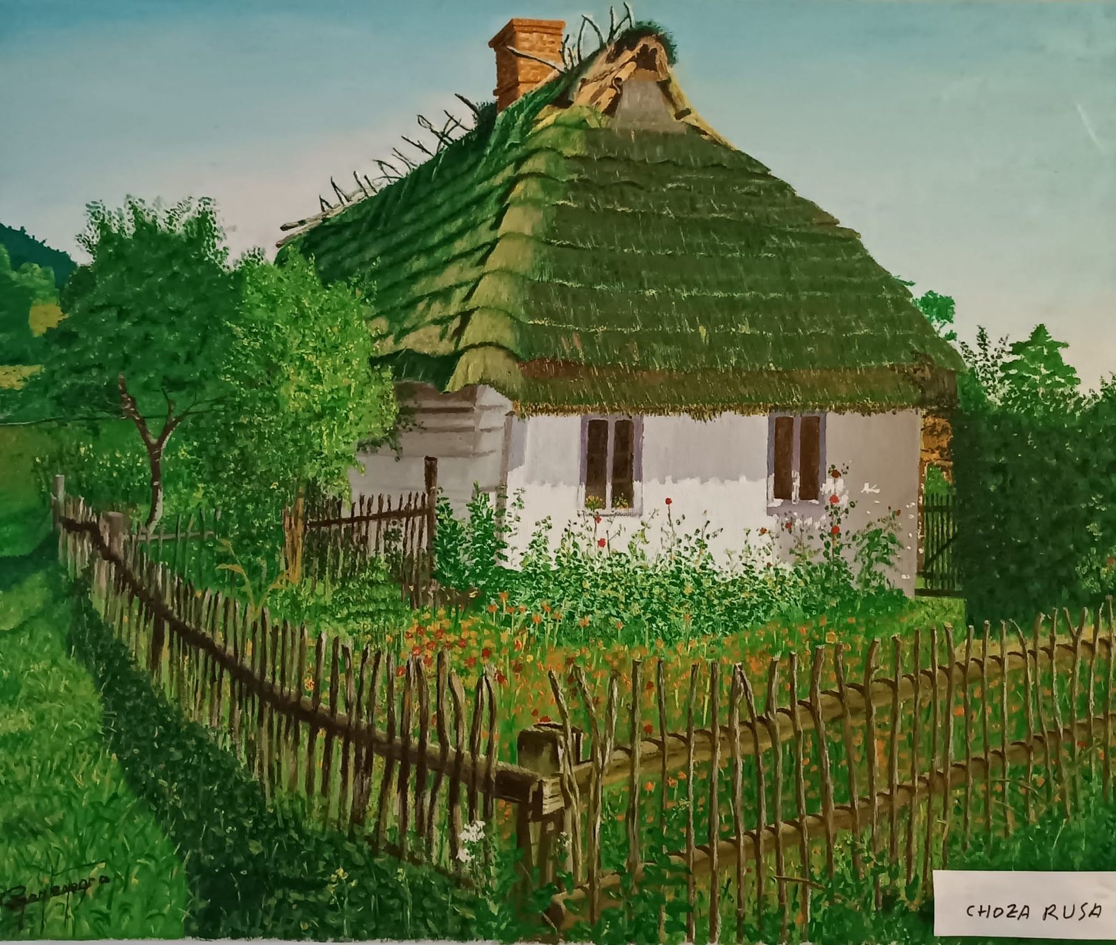 Choza rusa, 1995, pintura de Carlos Montenegro: casa de tejado de paja tras una empalizada y un jardín florido