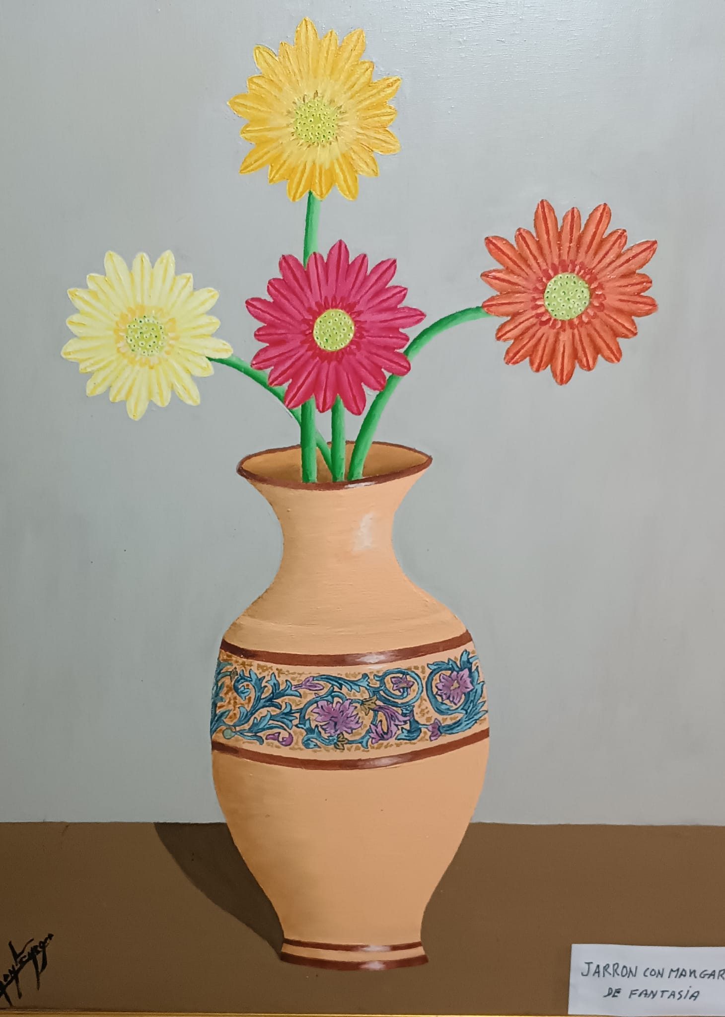 Jarrón con margaritas de fantasía, 1990, pintura de Carlos Montenegro: cuatro margaritas de colores en un jarrón de barro