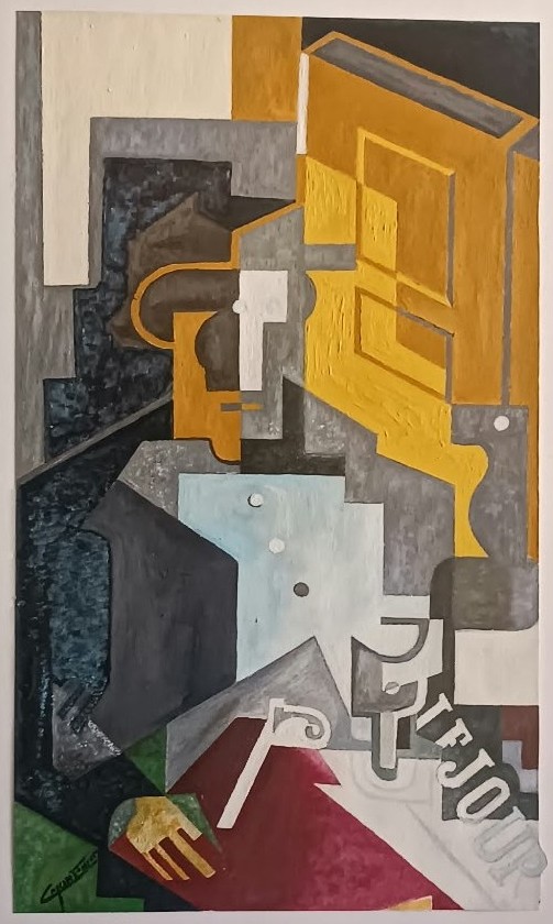 Copia de Juan Gris, 2004, pintura de Carlos Montenegro: bodegón cubista en grises, ocres y granate con las letras de un periódico