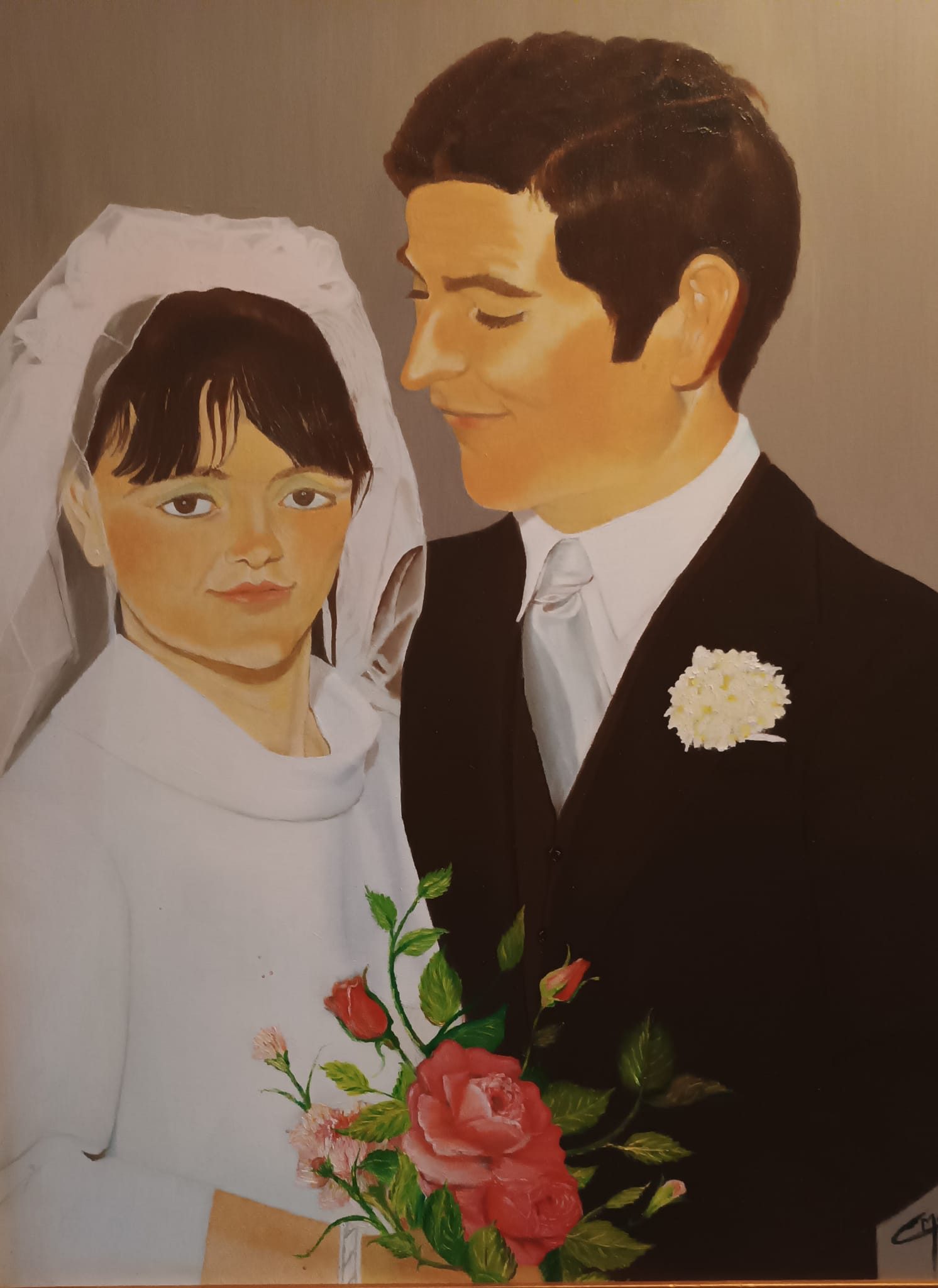 María y Carlos, 2001, pintura de Carlos Montenegro: retrato de una pareja de novios con ramo de rosas