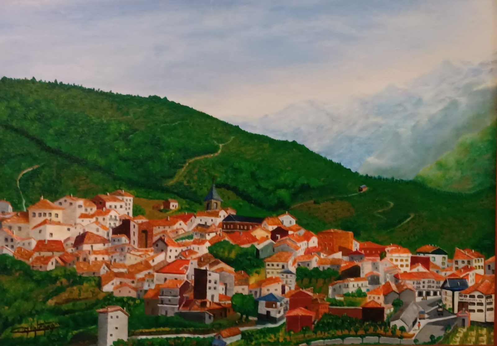 Vista de El Torno, 2010, pintura de Carlos Montenegro: el pueblo de tejados rojos en la ladera del valle