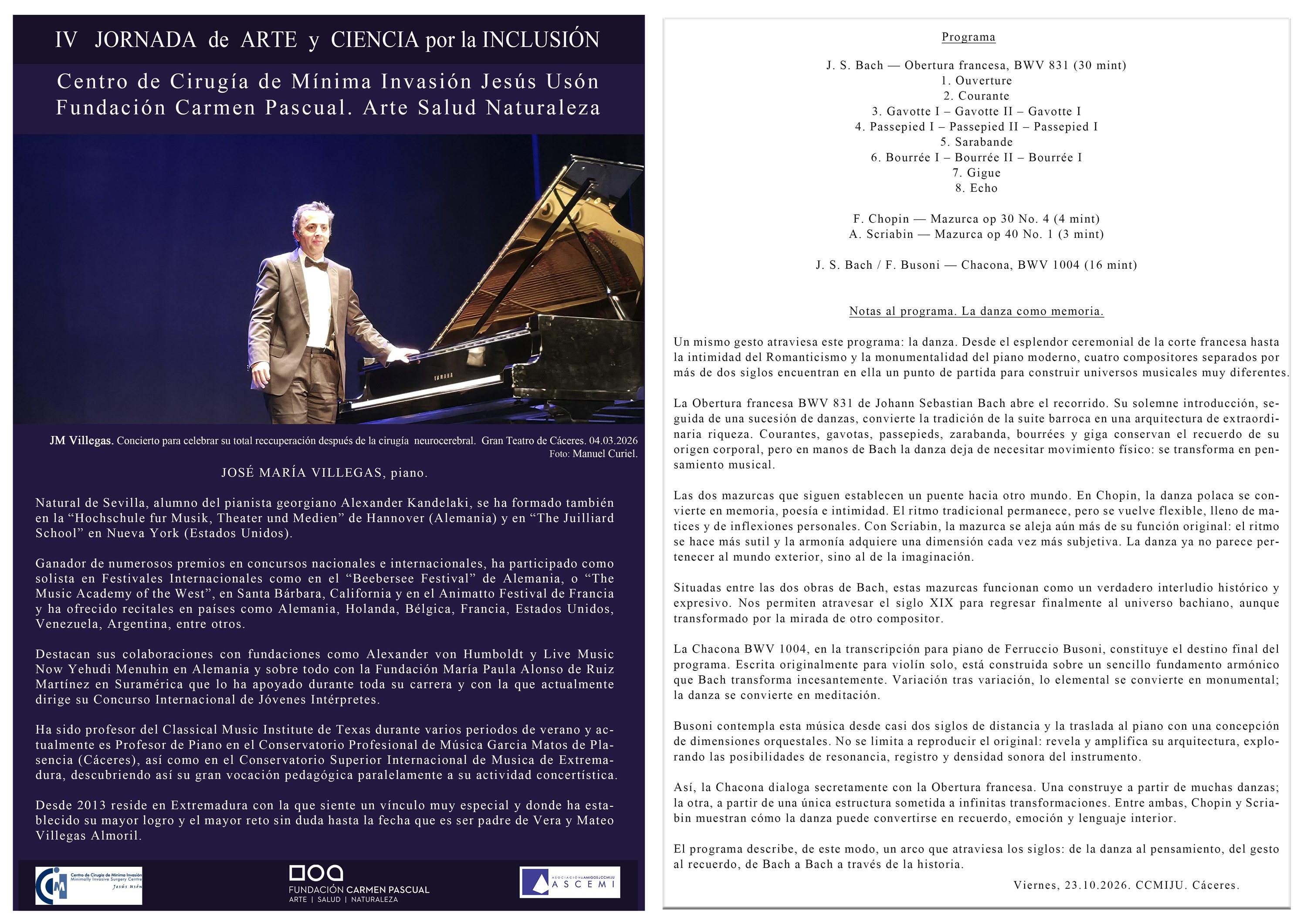 Hoja de notas al programa del concierto de clausura: a la izquierda, la fotografía y la semblanza de José María Villegas; a la derecha, el repertorio y el comentario de las obras